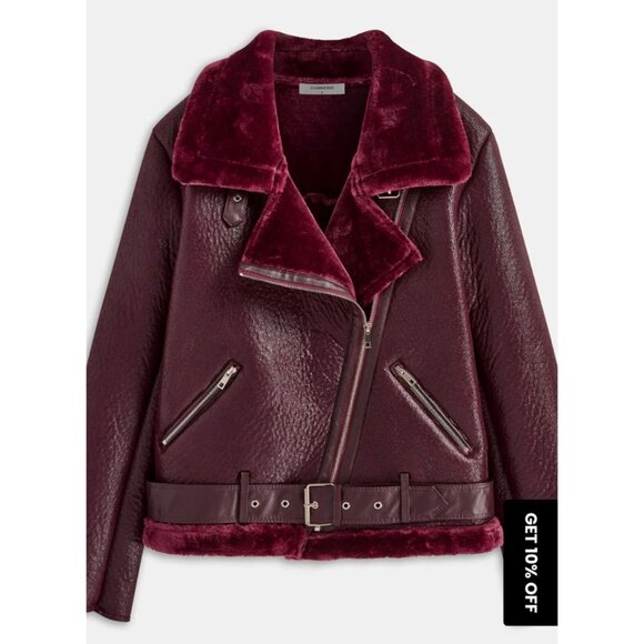 Womens Burgundy Faux Leather & Fur Biker Jacket - Picture 4 of 9